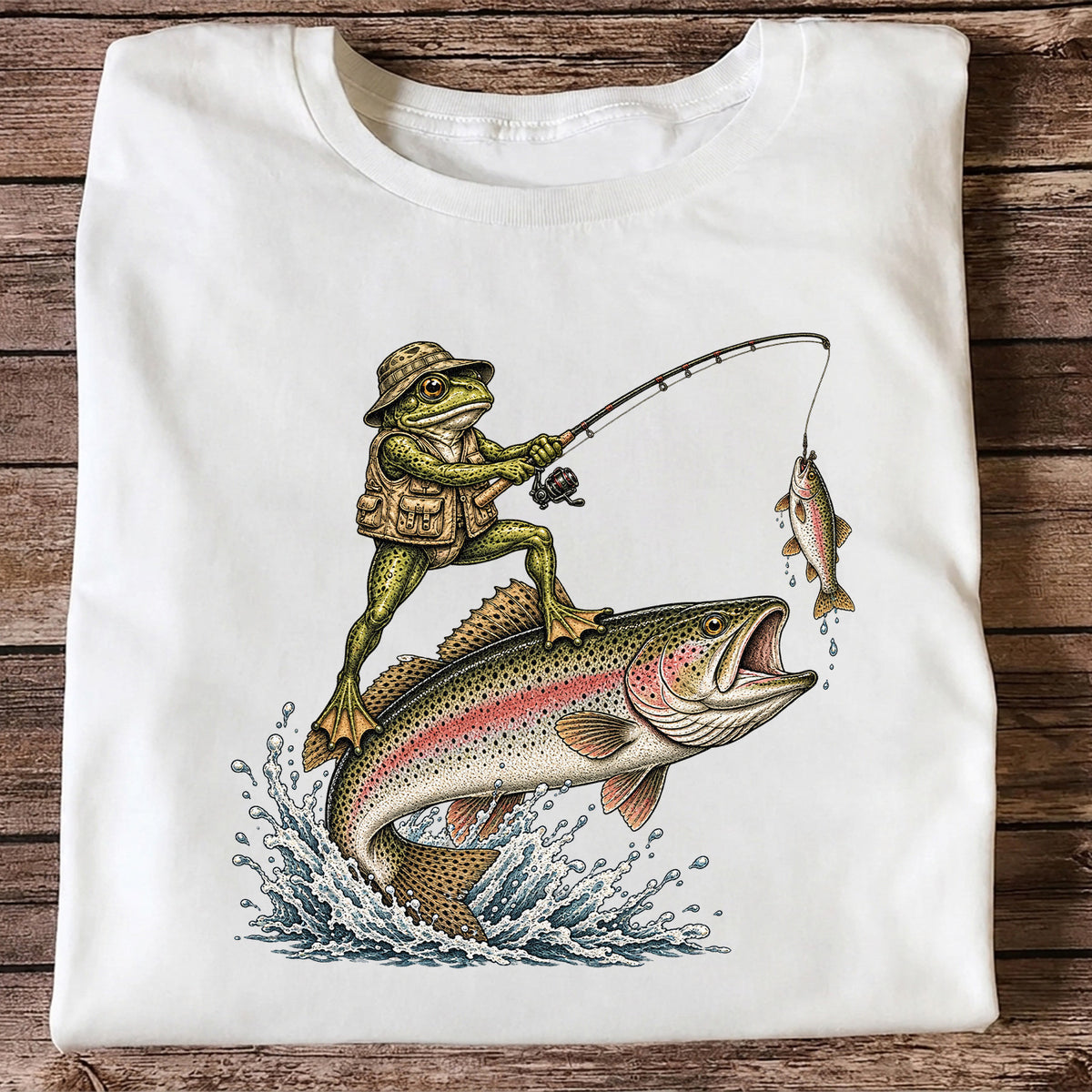 Frog Angler Riding a Rainbow Trout Fishing Graphic T-Shirt