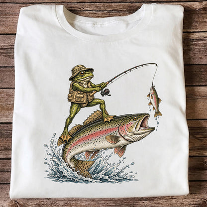 Frog Angler Riding a Rainbow Trout Fishing Graphic T-Shirt