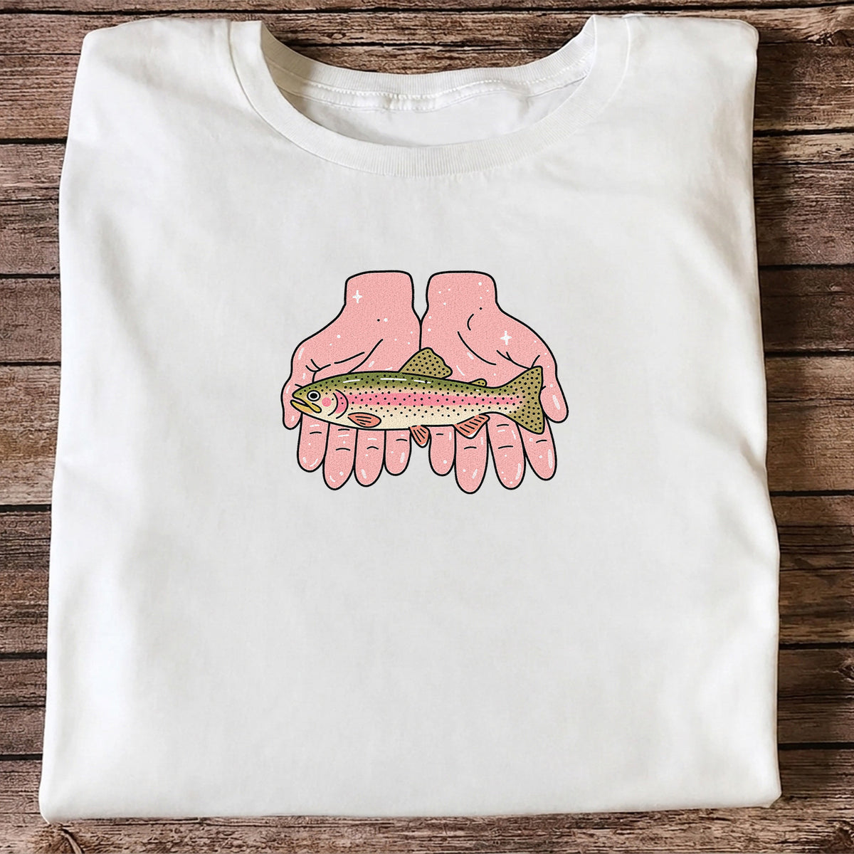 Rainbow Trout Held in Pink Hands Fishing Graphic T-Shirt