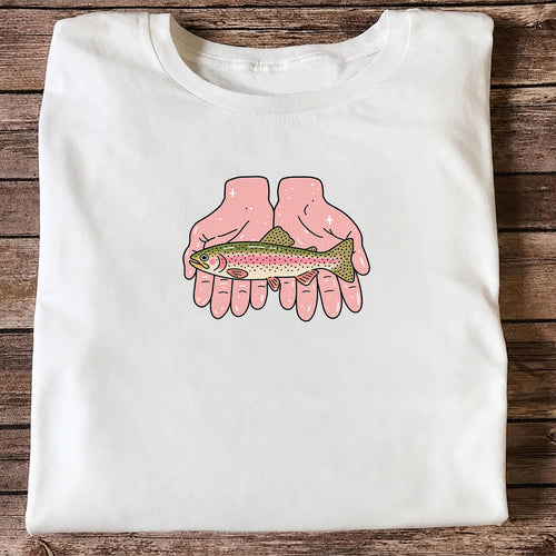 Rainbow Trout Held in Pink Hands Fishing Graphic T-Shirt