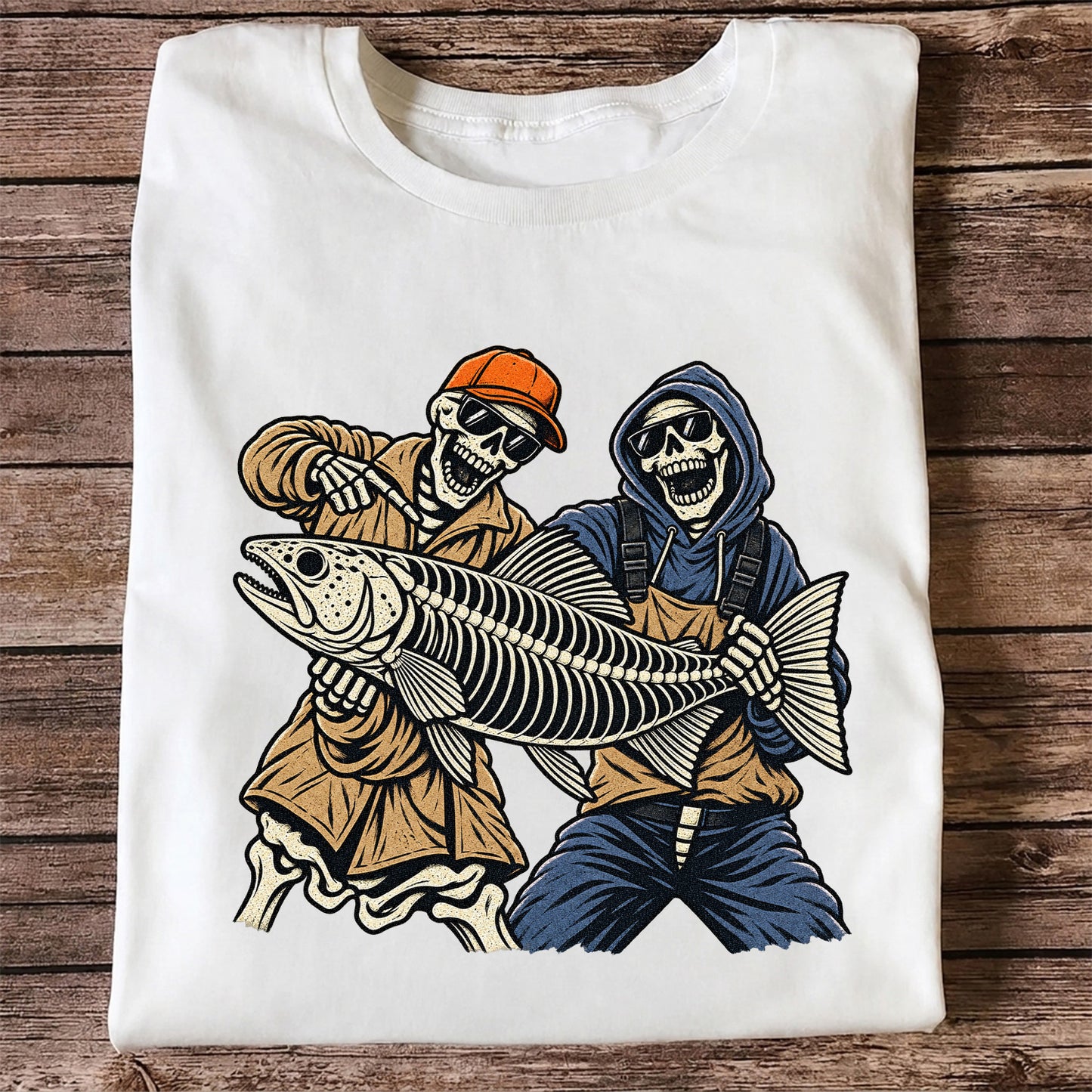 Skeleton Anglers Holding a Giant Fish Graphic T-Shirt
