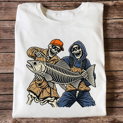 Skeleton Anglers Holding a Giant Fish Graphic T-Shirt