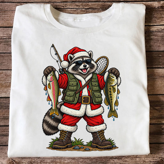 Santa Raccoon Holding Trout and Bass Christmas Fishing T-Shirt