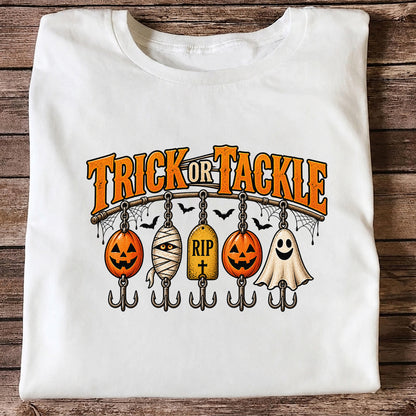 Trick or Tackle Pumpkin Ghost and Mummy Fishing Lures Halloween T-Shirt