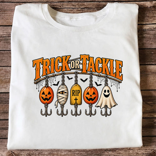 Trick or Tackle Pumpkin Ghost and Mummy Fishing Lures Halloween T-Shirt