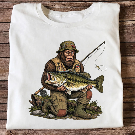 Bigfoot Angler Holding Largemouth Bass Fishing Graphic T-Shirt