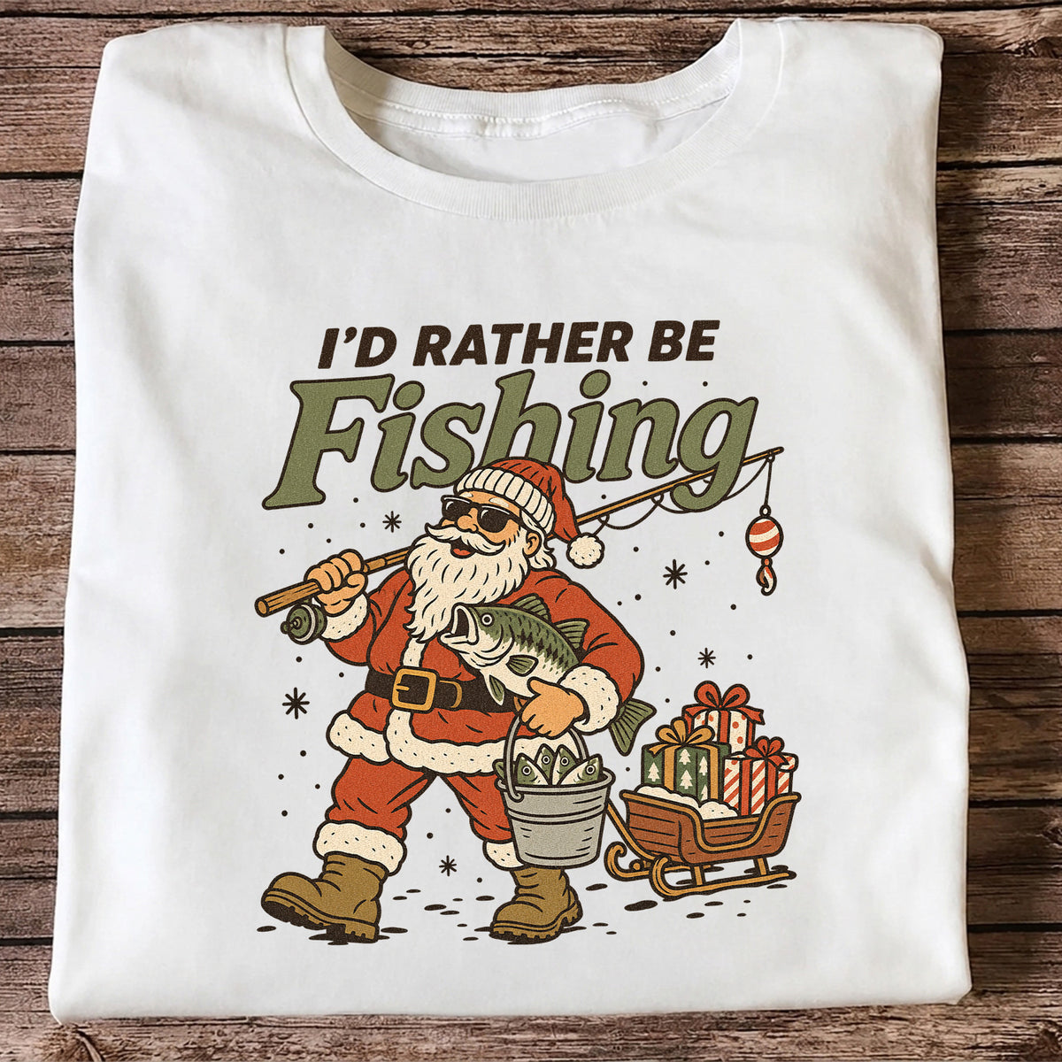 Santa Claus Fishing with Bass Christmas T-Shirt