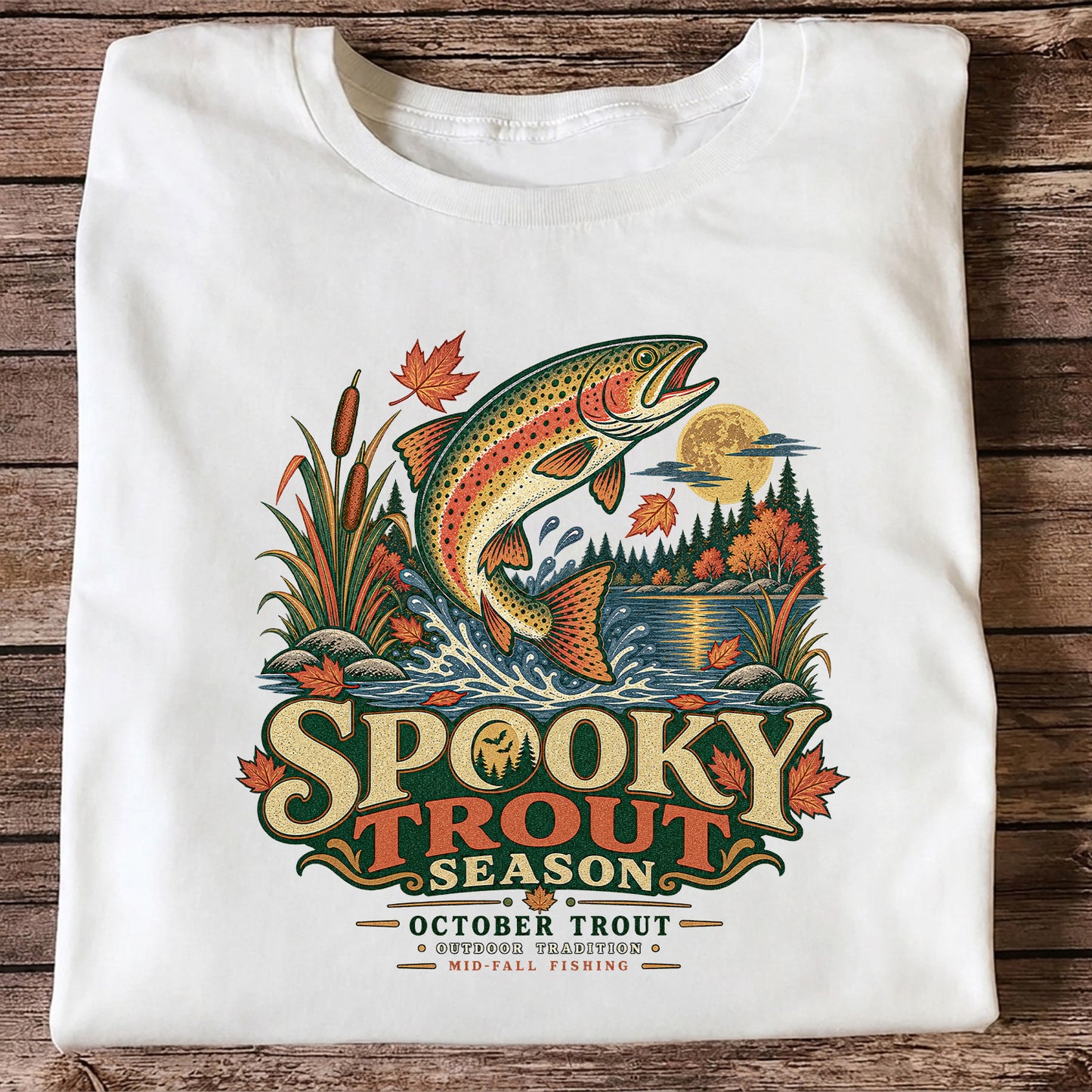 Spooky Trout Season Mid-Fall Fishing Graphic T-Shirt
