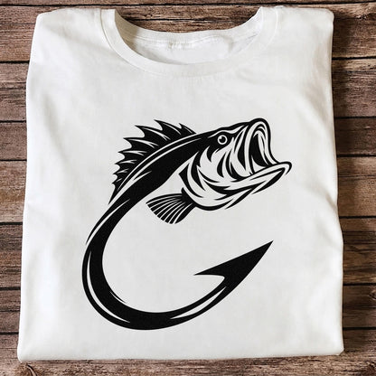 Bass Fish Hook Silhouette Fishing Graphic T-Shirt