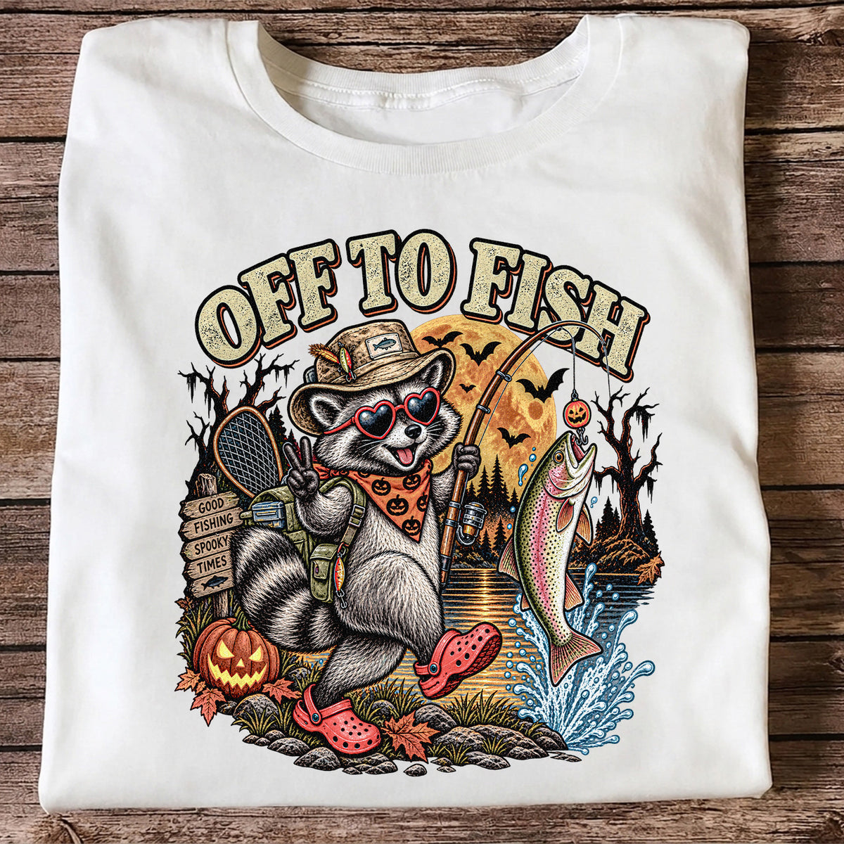 Off to Fish Raccoon and Trout Halloween T-Shirt - Good Fishing Spooky Times