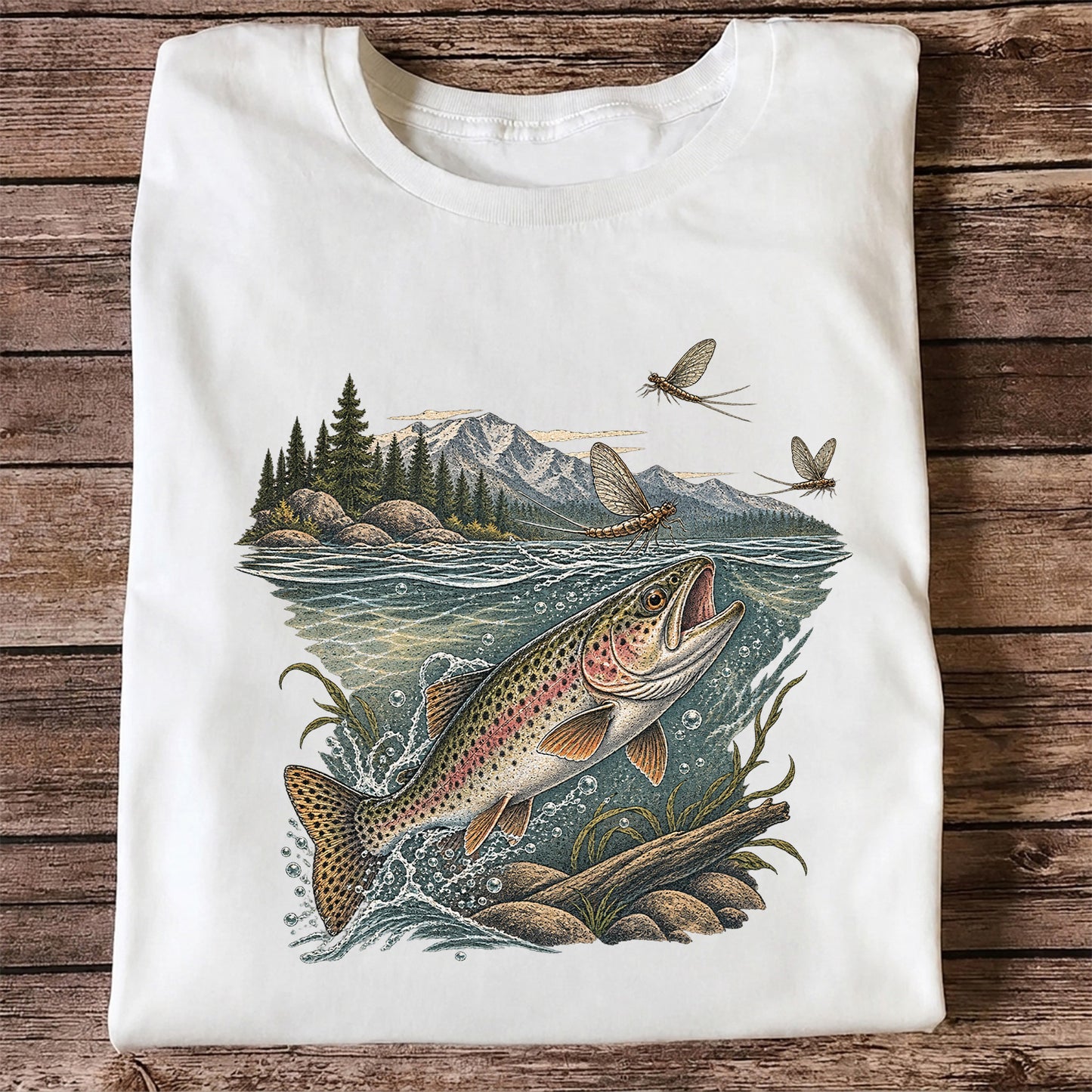 Mountain River Rainbow Trout Fly Fishing Graphic T-Shirt