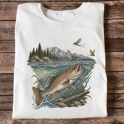 Mountain River Rainbow Trout Fly Fishing Graphic T-Shirt