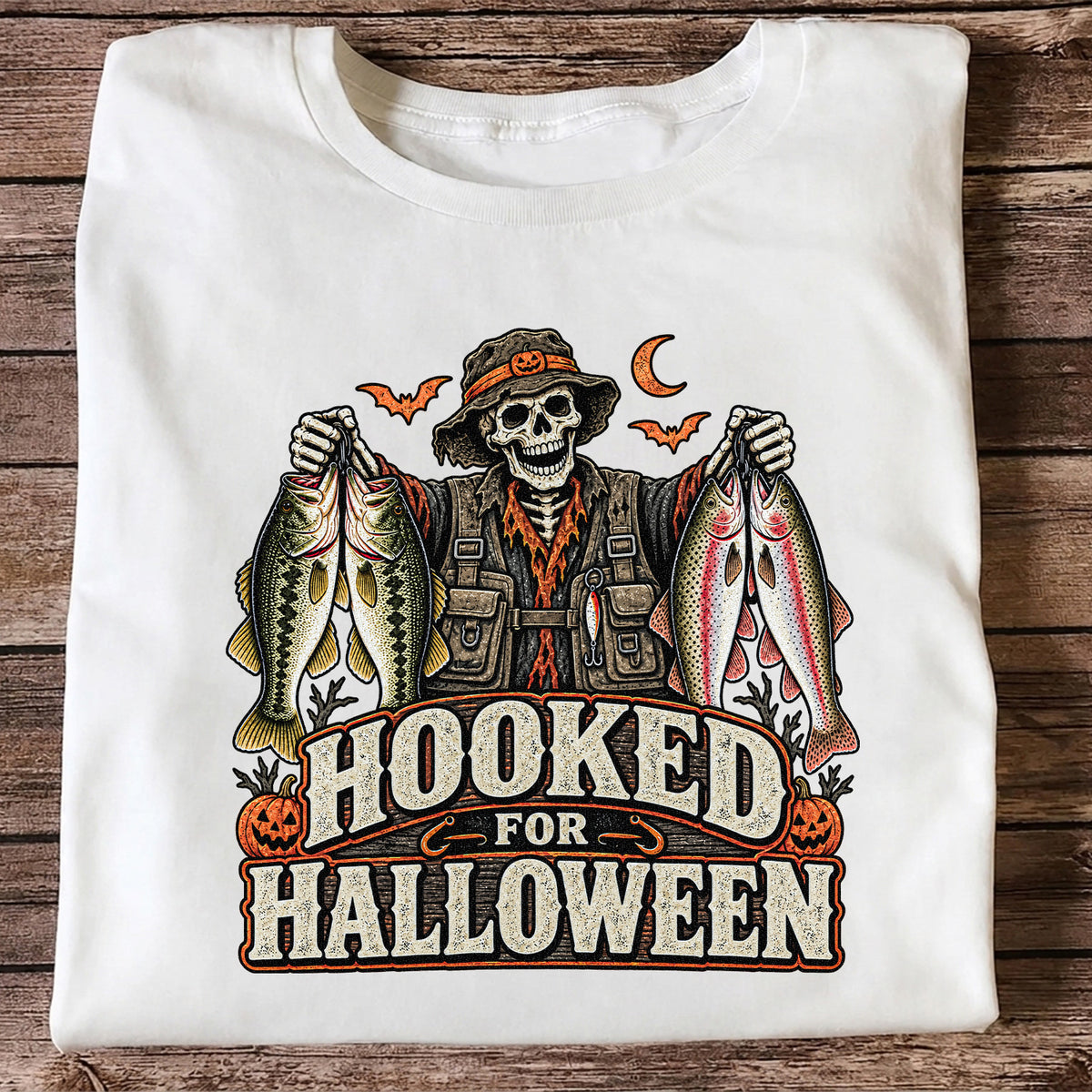 Hooked for Halloween Skeleton Angler with Bass and Trout Fishing T-Shirt