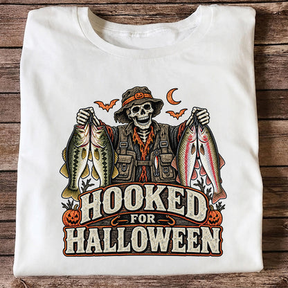 Hooked for Halloween Skeleton Angler with Bass and Trout Fishing T-Shirt