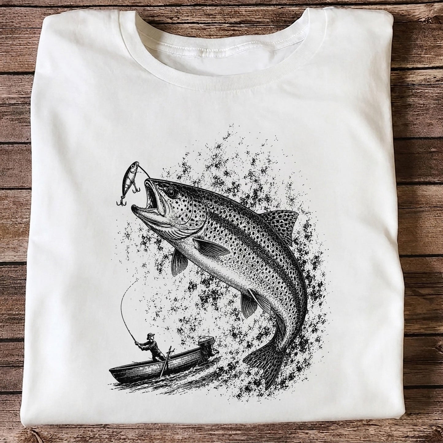 Leaping Trout Striking Lure from Fishing Boat Graphic T-Shirt