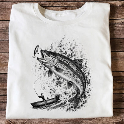 Leaping Trout Striking Lure from Fishing Boat Graphic T-Shirt