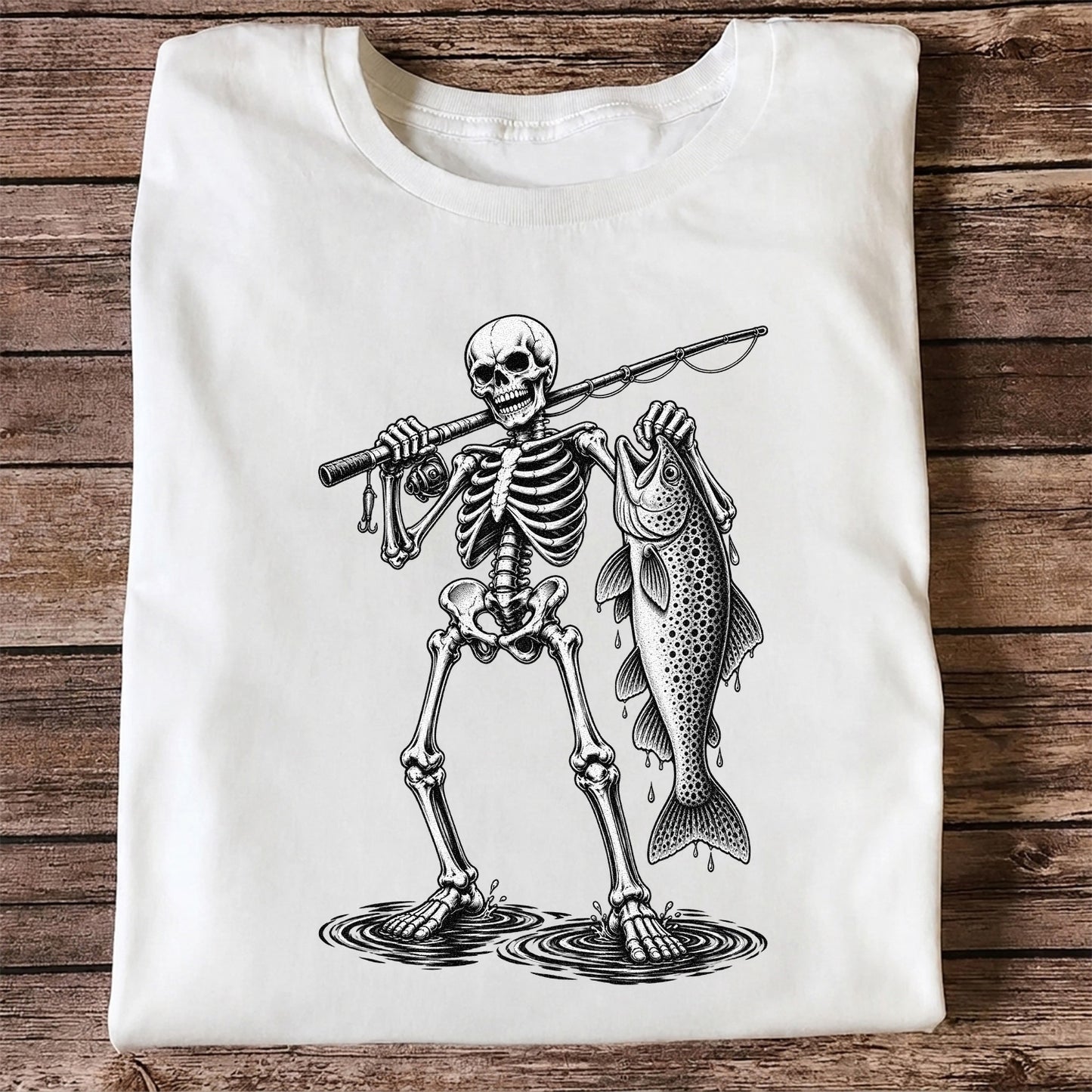Skeleton Angler Holding a Trout Fishing Graphic T-Shirt