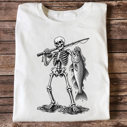 Skeleton Angler Holding a Trout Fishing Graphic T-Shirt