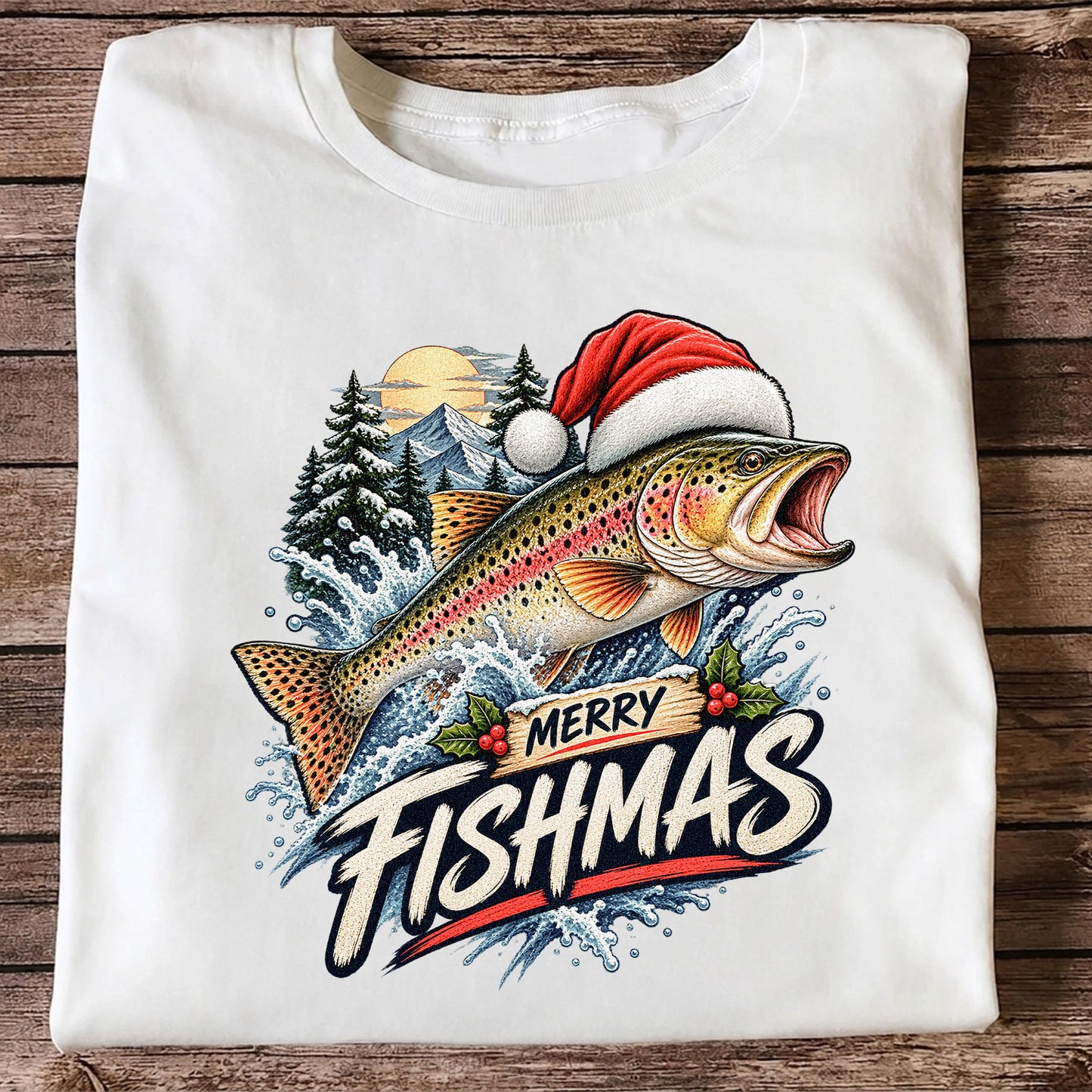 Merry Fishmas Santa Hat Rainbow Trout Fishing Graphic T-Shirt