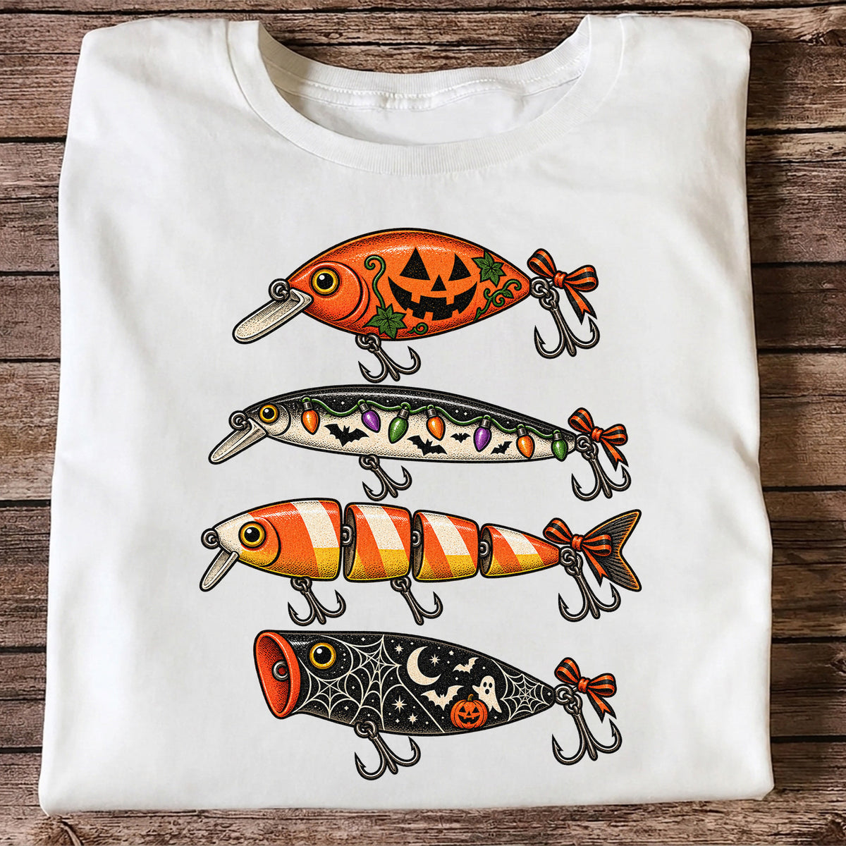 Halloween Fishing Lures with Pumpkin, Ghost and Candy Corn Graphic T-Shirt