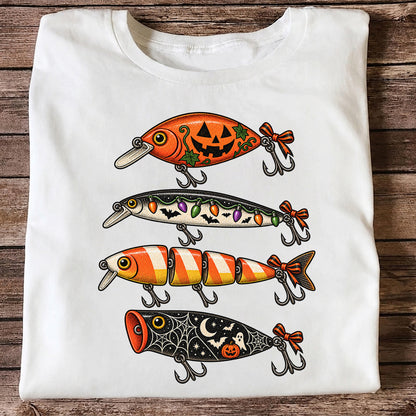 Halloween Fishing Lures with Pumpkin, Ghost and Candy Corn Graphic T-Shirt