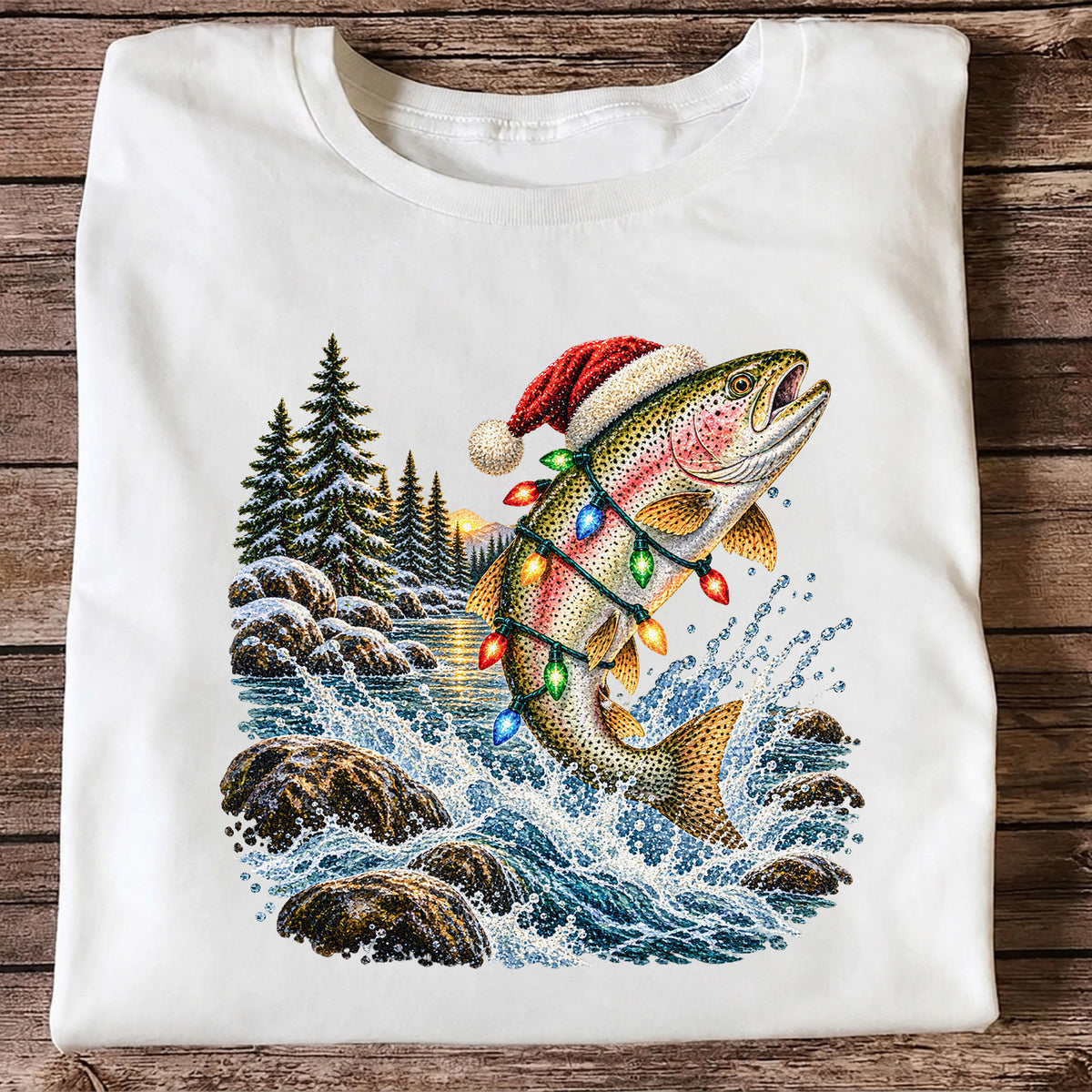 Santa Hat Rainbow Trout Christmas Fishing Graphic T-Shirt