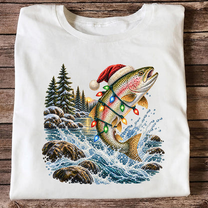 Santa Hat Rainbow Trout Christmas Fishing Graphic T-Shirt