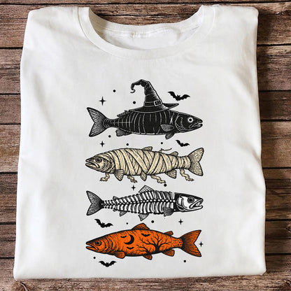 Halloween Witch Mummy Skeleton and Pumpkin Fish Graphic T-Shirt