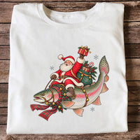 Santa Riding a Festive Rainbow Trout Christmas Fishing Graphic T-Shirt