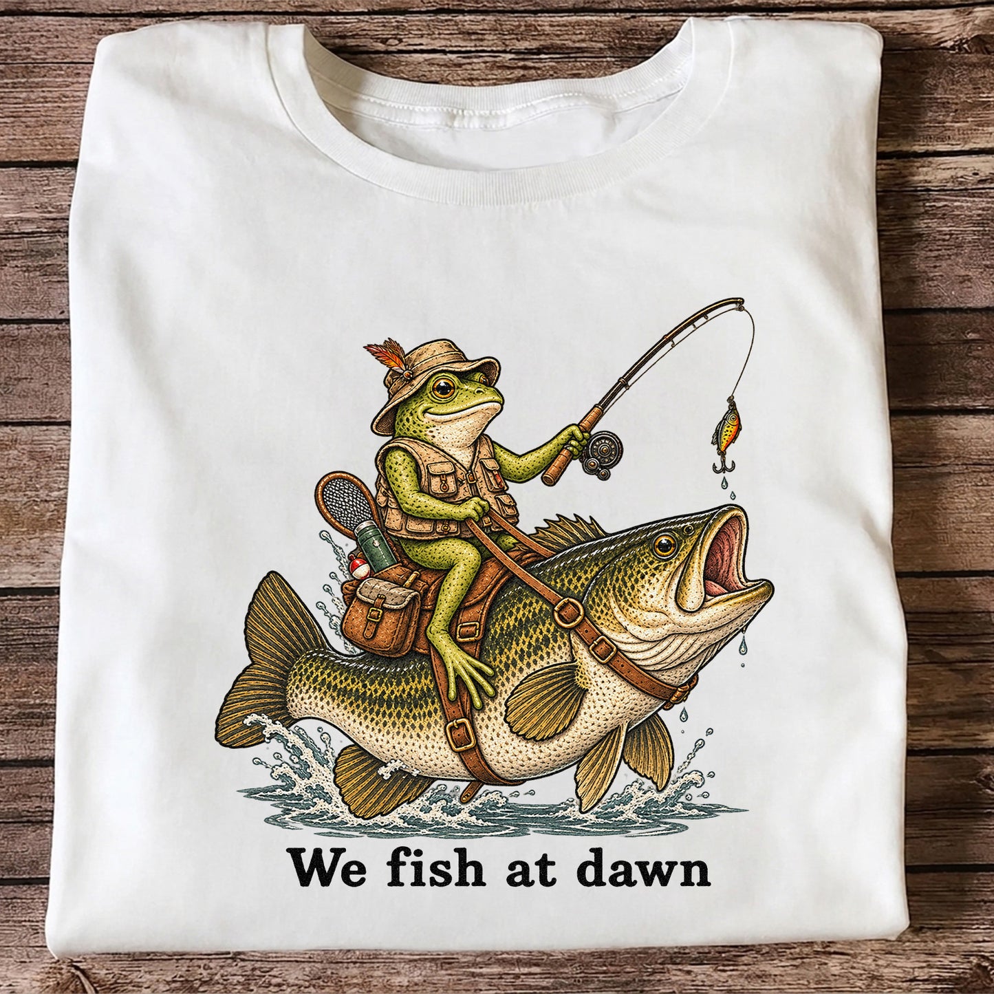 We Fish at Dawn Frog Riding Largemouth Bass Funny Fishing T-Shirt