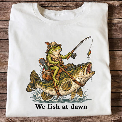 We Fish at Dawn Frog Riding Largemouth Bass Funny Fishing T-Shirt