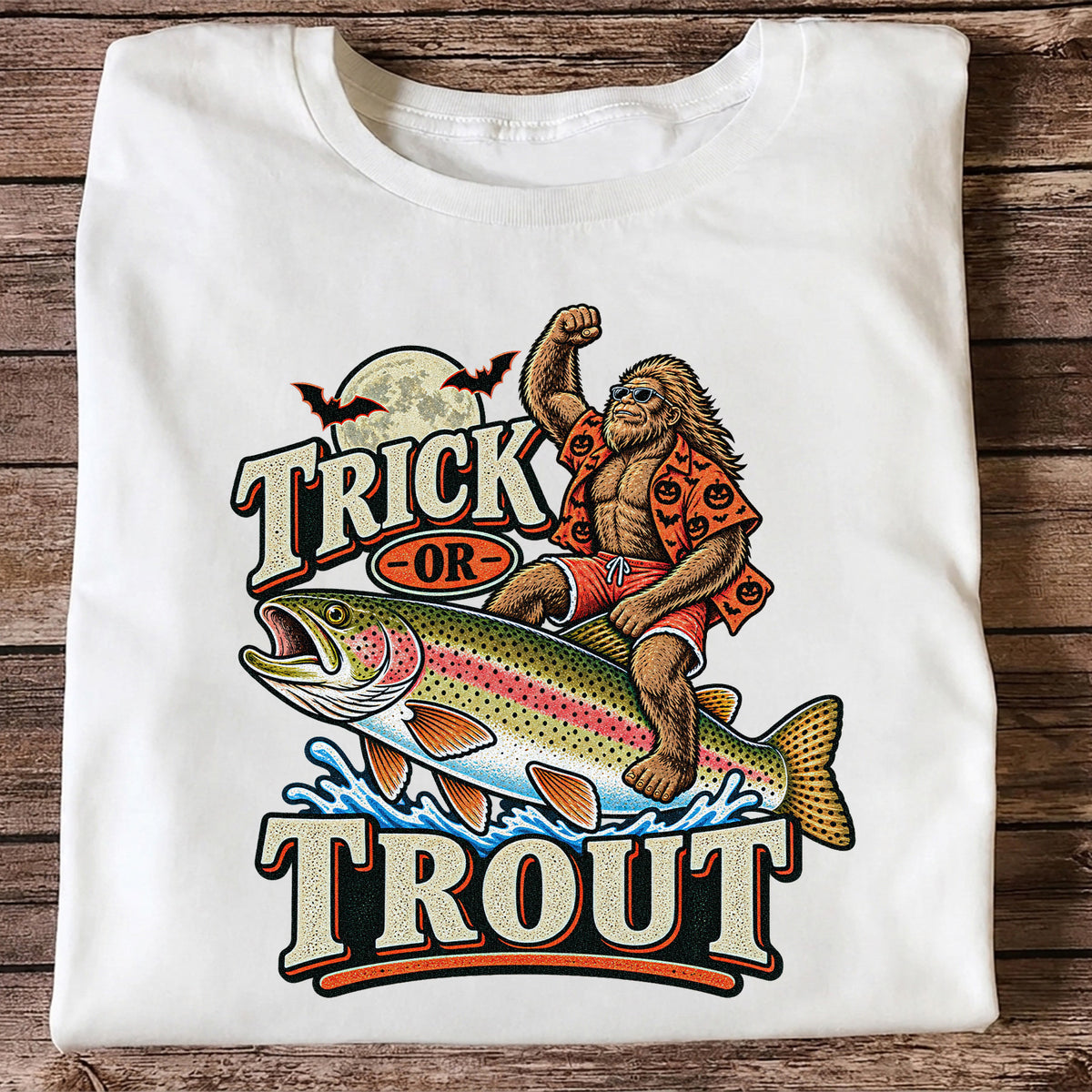 Trick or Trout Bigfoot Riding a Rainbow Trout Halloween Fishing T-Shirt