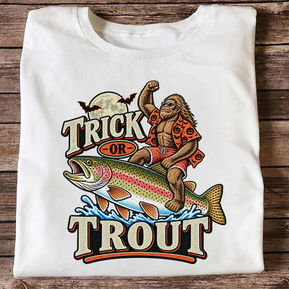 Trick or Trout Bigfoot Riding a Rainbow Trout Halloween Fishing T-Shirt