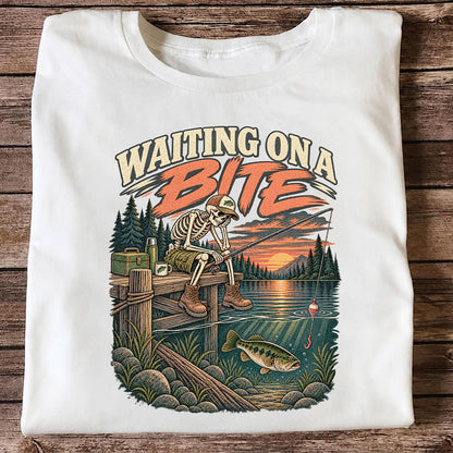 Waiting on a Bite Skeleton Bass Fishing Graphic T-Shirt