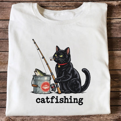 Catfishing Funny Black Cat with Fishing Rod Graphic T-Shirt