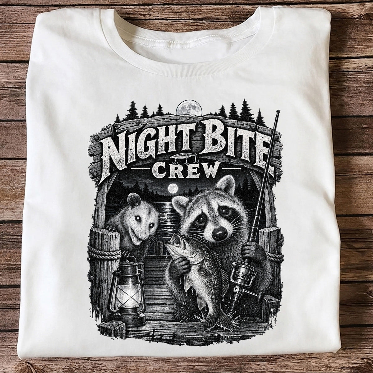 Night Bite Crew Raccoon and Bass Fishing Graphic T-Shirt