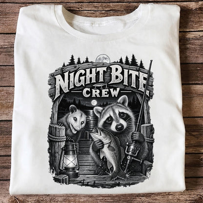 Night Bite Crew Raccoon and Bass Fishing Graphic T-Shirt