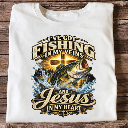 I've Got Fishing in My Veins and Jesus in My Heart Bass and Cross T-Shirt