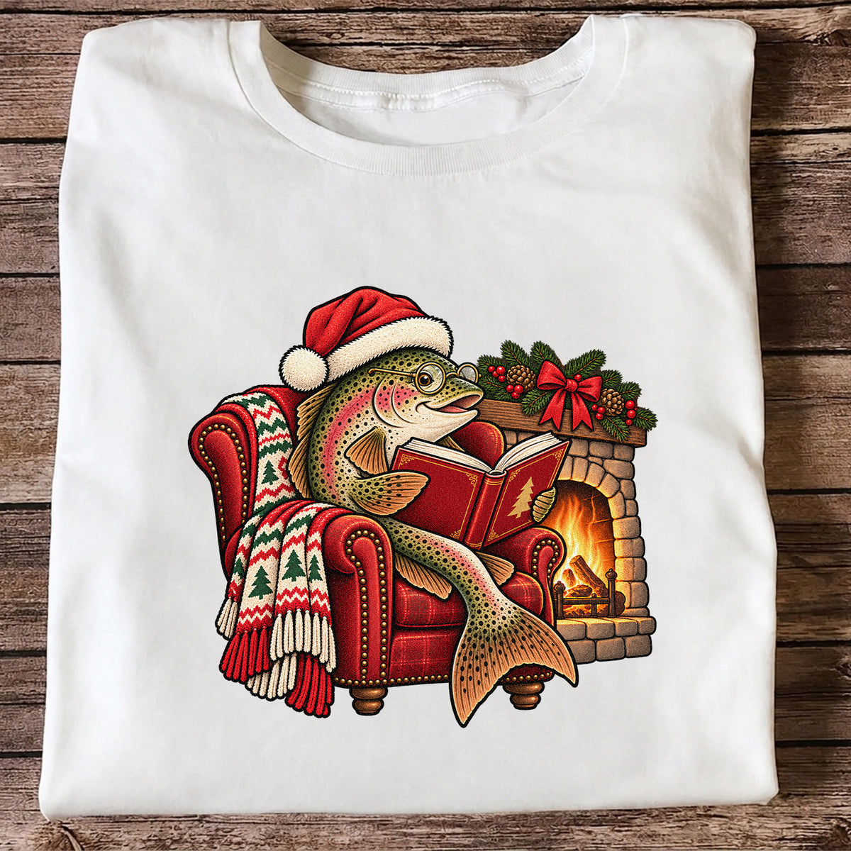 Christmas Trout Reading by the Fireplace Fishing T-Shirt