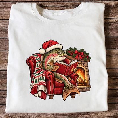 Christmas Trout Reading by the Fireplace Fishing T-Shirt