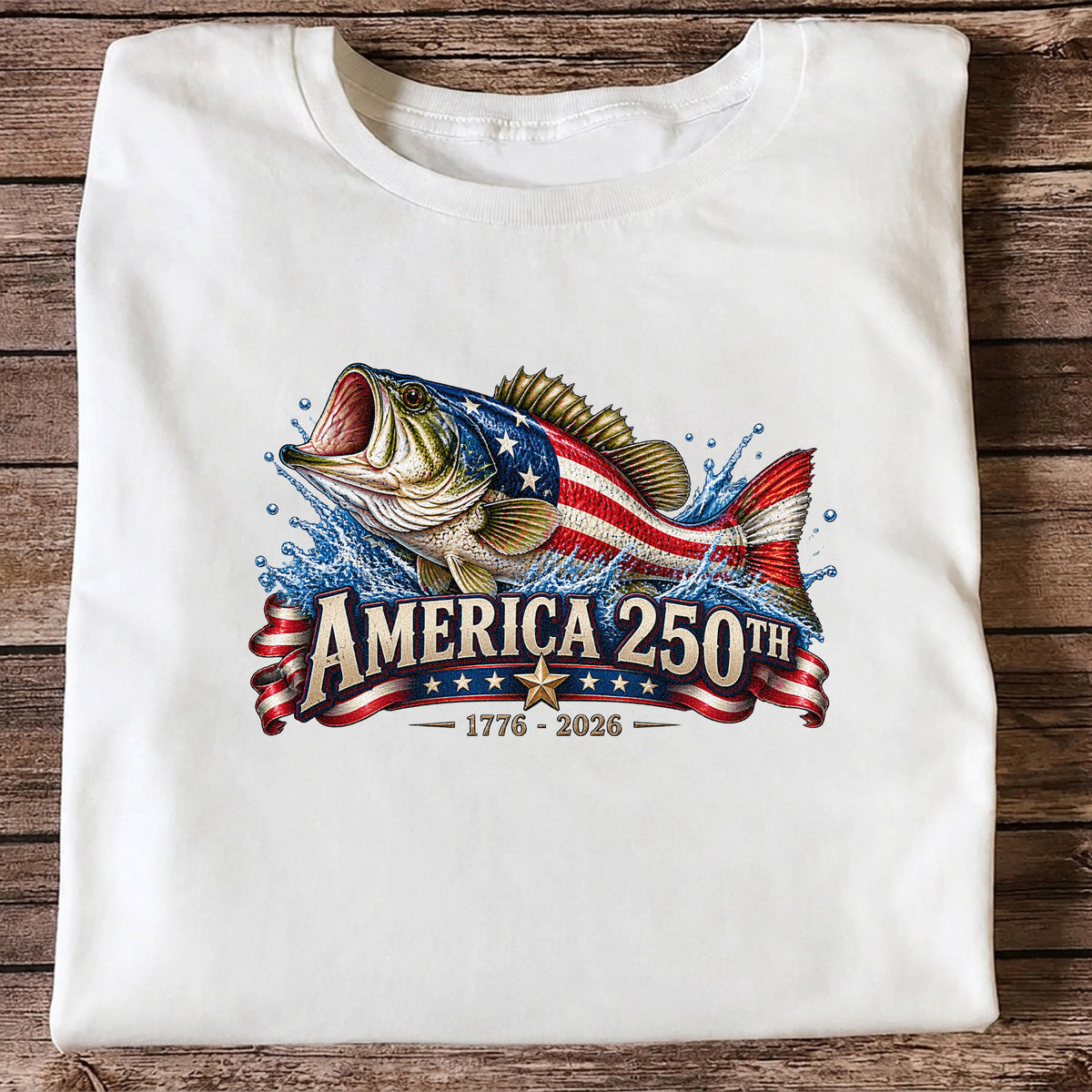America 250th 1776–2026 American Flag Bass Fishing T-Shirt