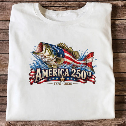 America 250th 1776–2026 American Flag Bass Fishing T-Shirt