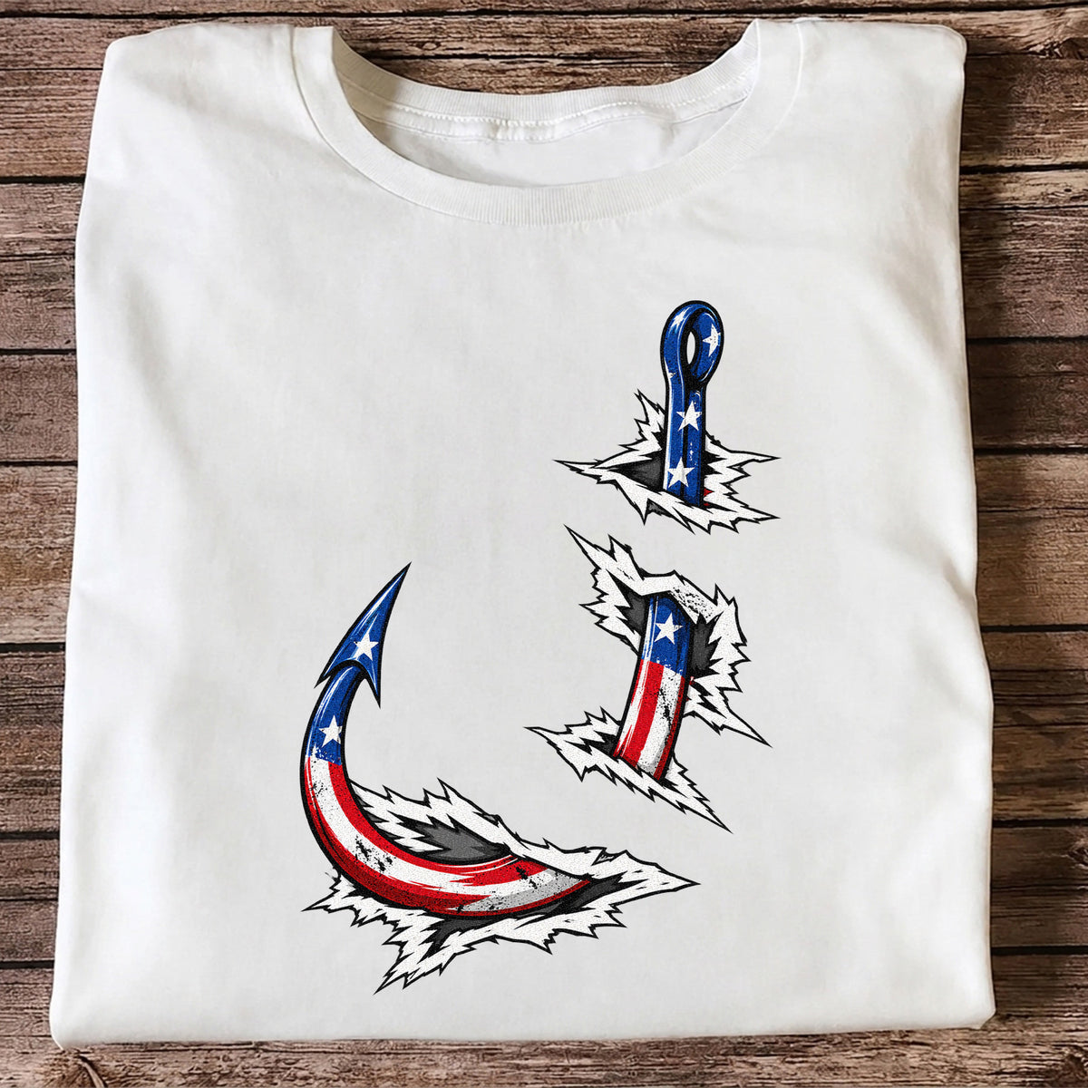 Patriotic American Flag Fishing Hooks Graphic T-Shirt