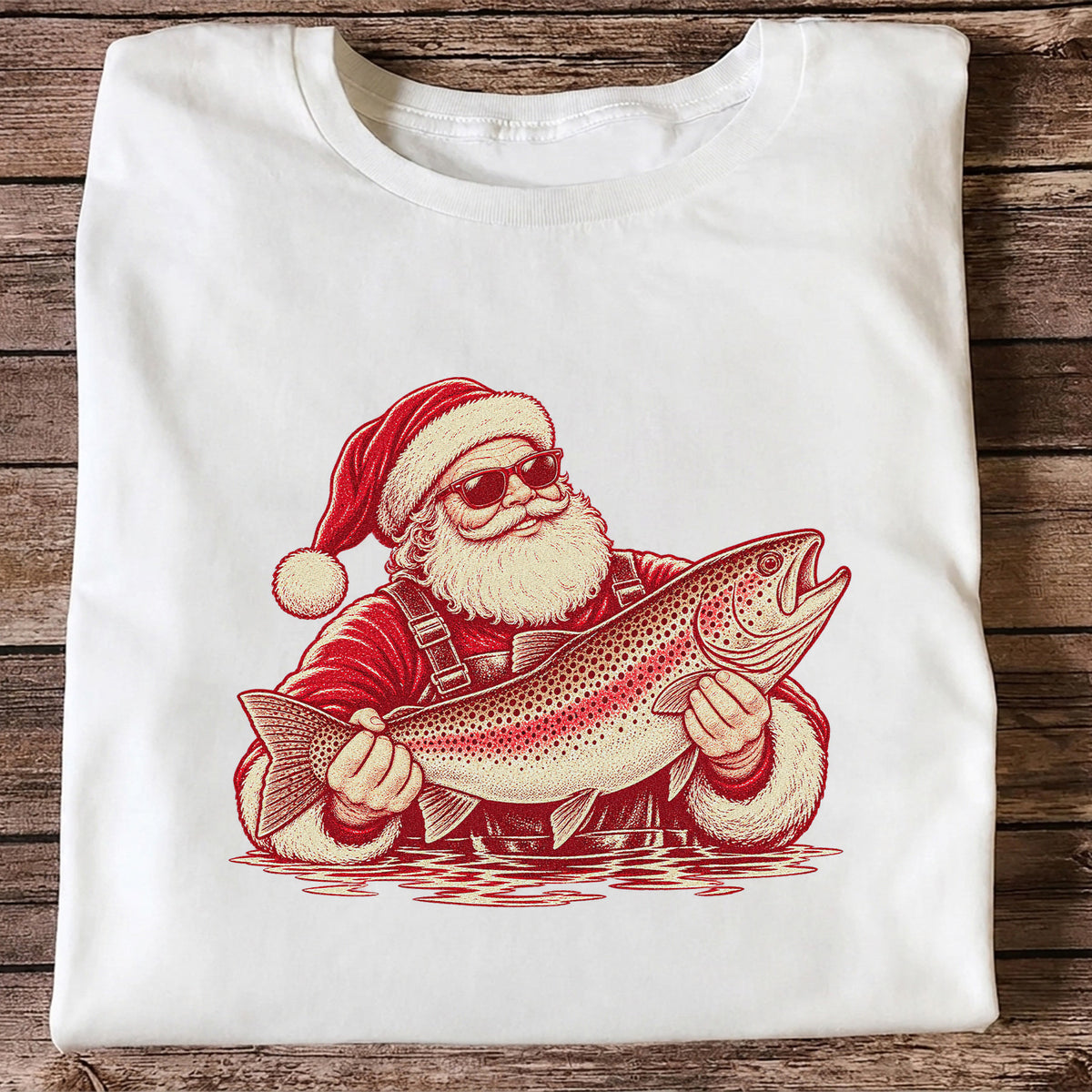 Santa Holding Trout Christmas Fishing Graphic T-Shirt