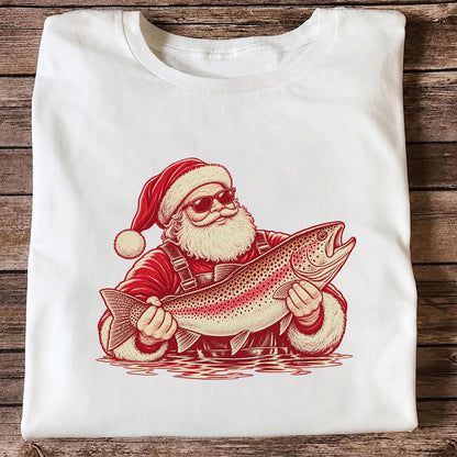 Santa Holding Trout Christmas Fishing Graphic T-Shirt