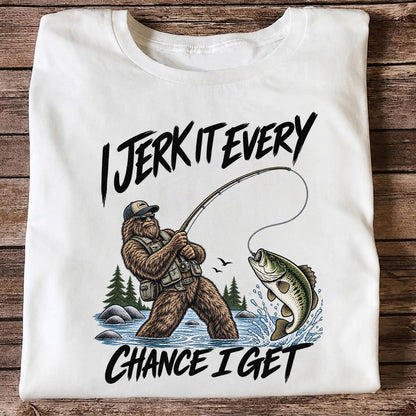 Jerk It Every Chance I Get Bigfoot Fishing Graphic T-Shirt