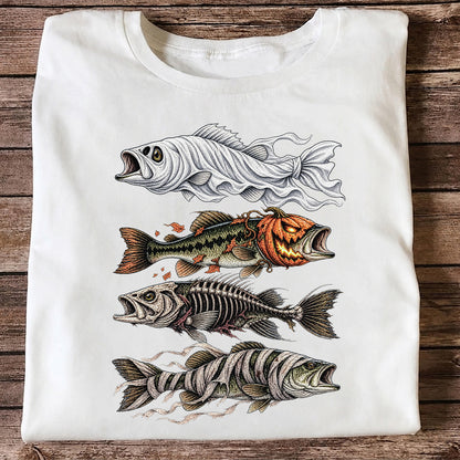 Halloween Bass Ghost Pumpkin Skeleton and Mummy Fish Graphic T-Shirt