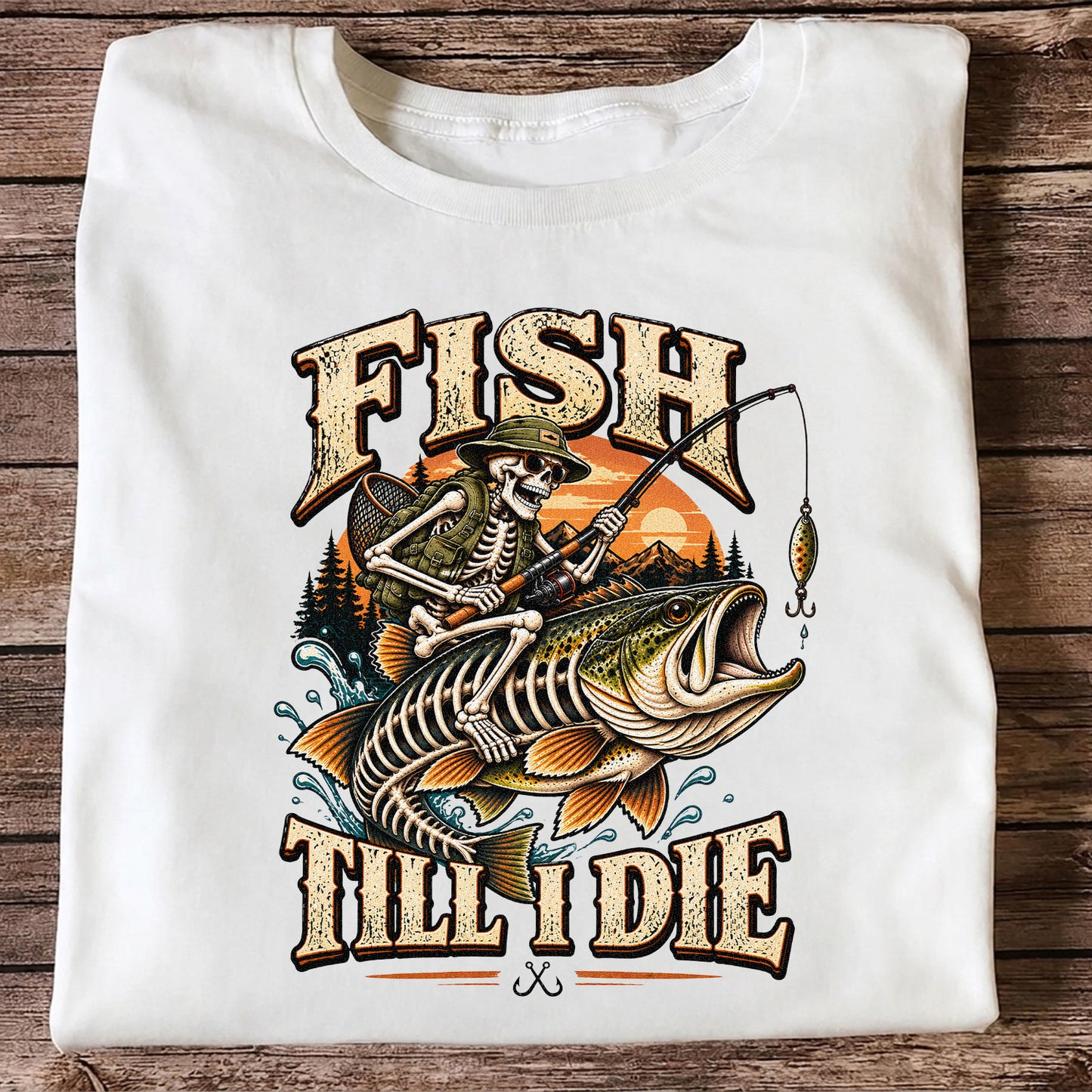 Fish Till I Die Skeleton Riding a Largemouth Bass Fishing T-Shirt