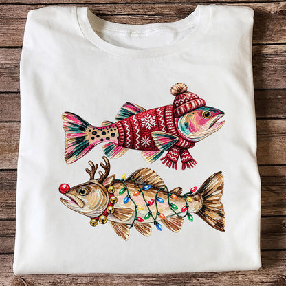 Festive Christmas Fish with Lights Fishing Graphic T-Shirt