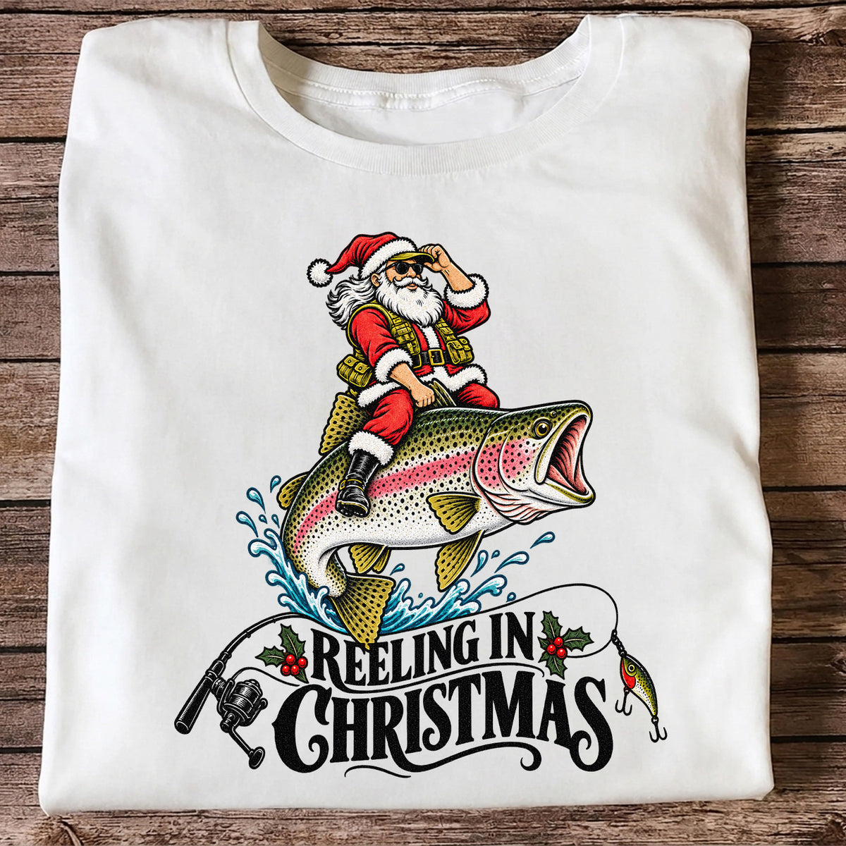Reeling in Christmas Santa Rainbow Trout Fishing T-Shirt